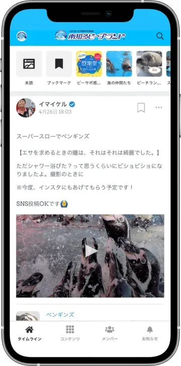南知多ビーチランドのアプリ画面（タイムライン）
