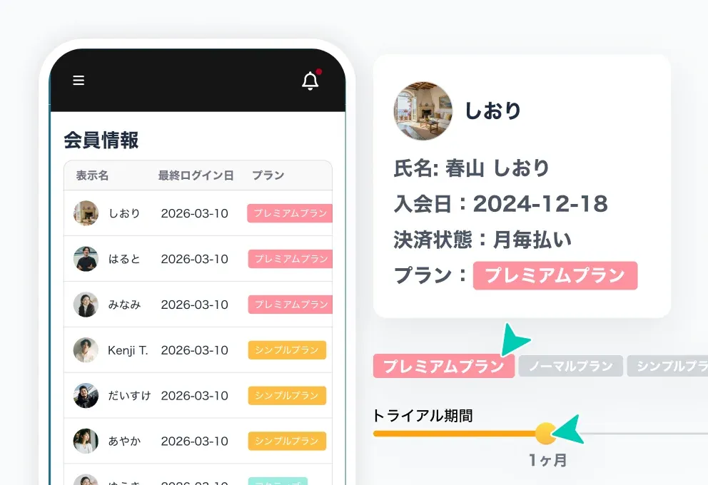 会員一覧とプラン・決済状態を表示した管理画面